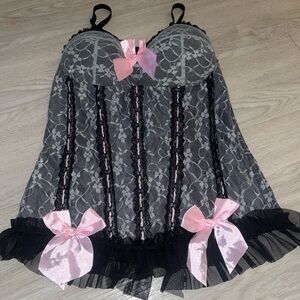 Women's Black Lace Bustier Chemise with Pink Bows 1X